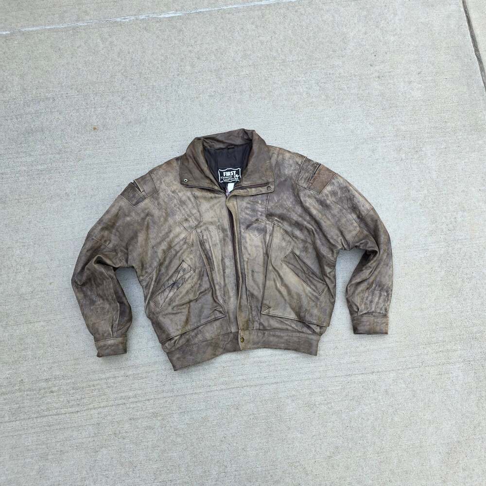 Vintage 90s Leather Distressed Brown Bomber Moto Jacket Size Large First